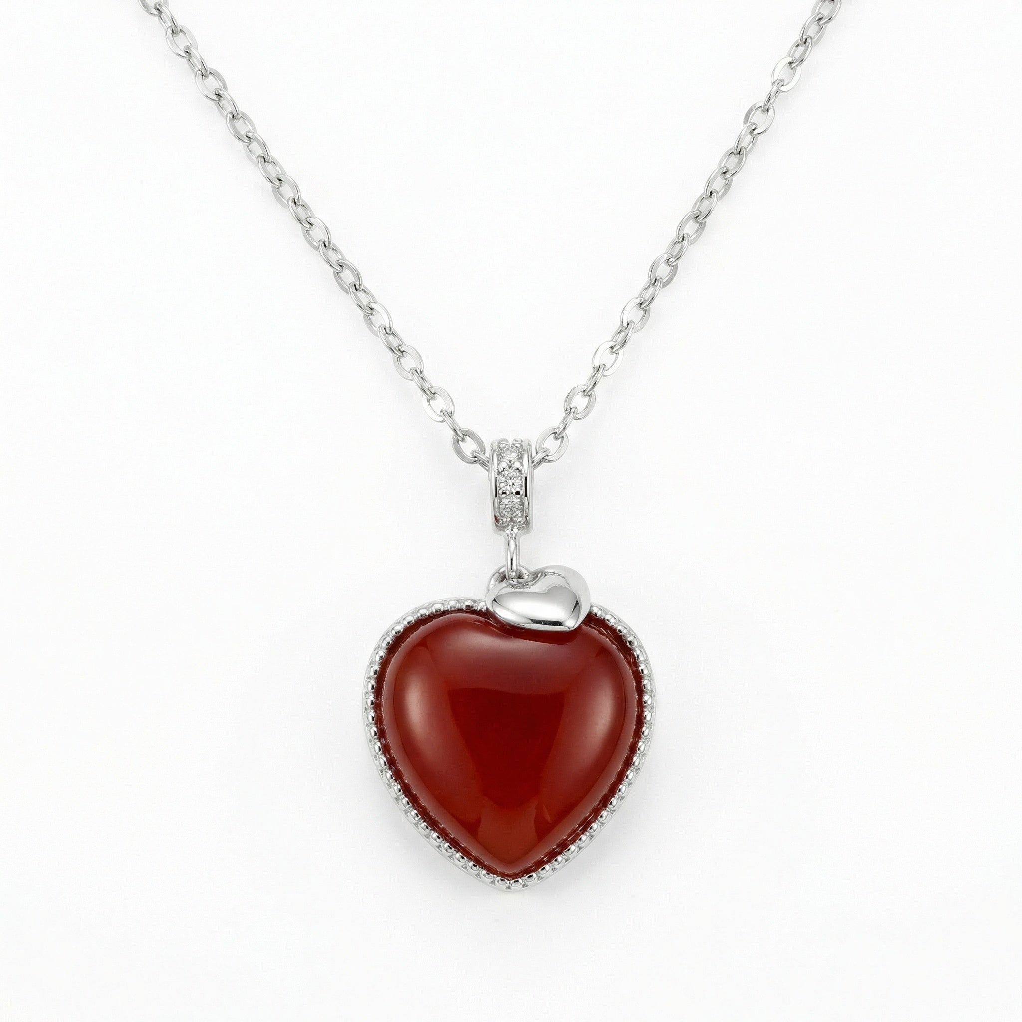 Sterling Silver Heart Necklace with Vibrant Red Gemstone Pendant