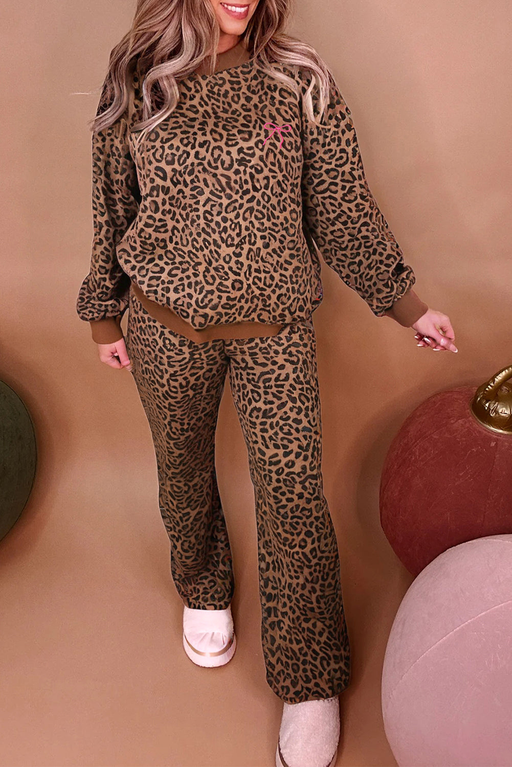 Coffee Allover Leopard Print Contrast Trim Long Sleeve Top and Pants Set