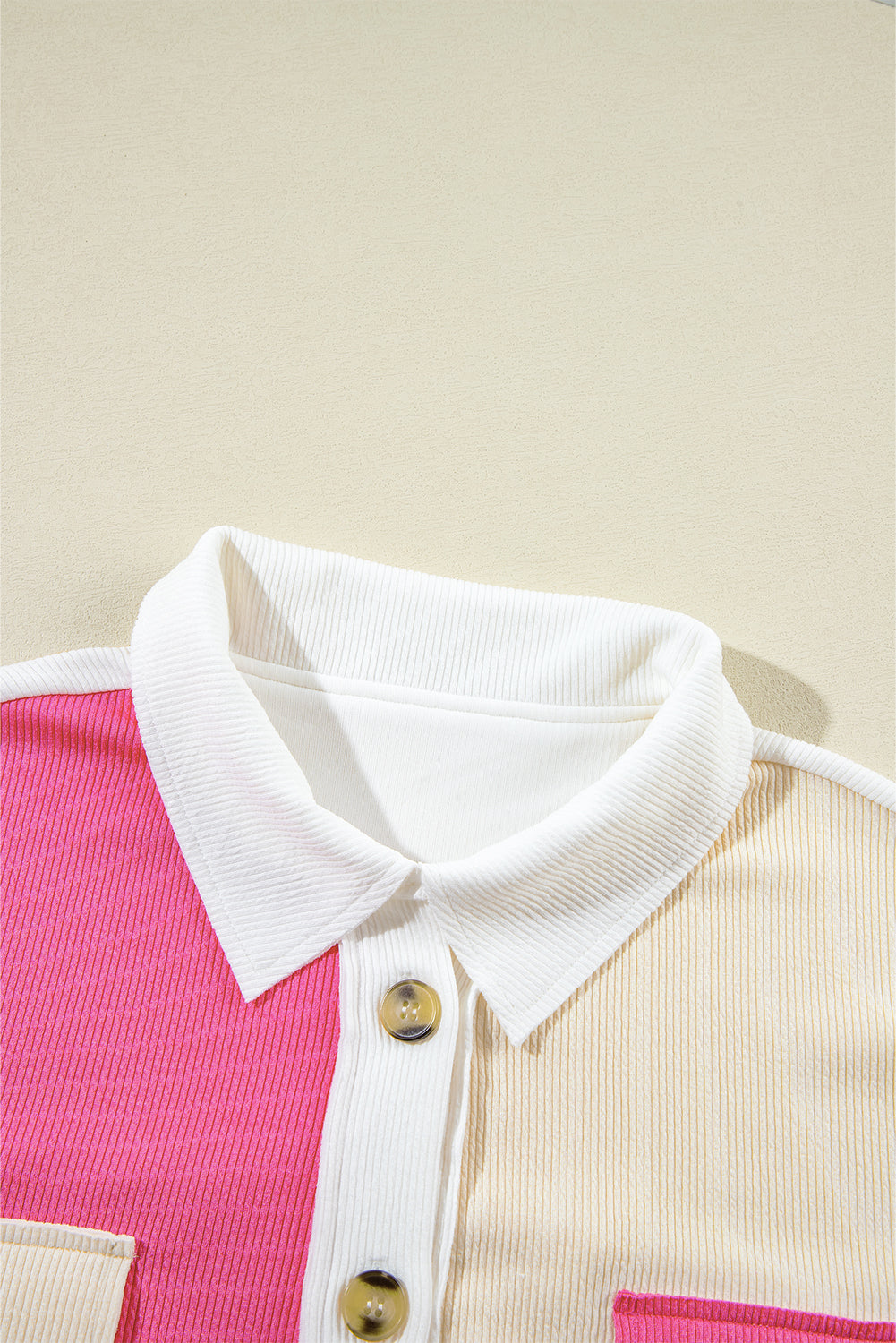 Colorblock Collared Ribbed Patchwork Pocketed Sweatshirt