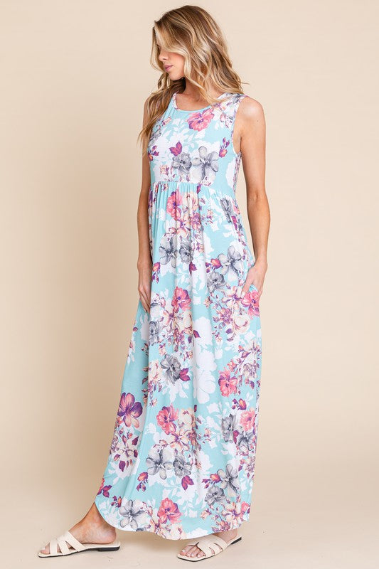 Floral Sleeveless Maxi Dress with Pockets - Flowing Summer Style