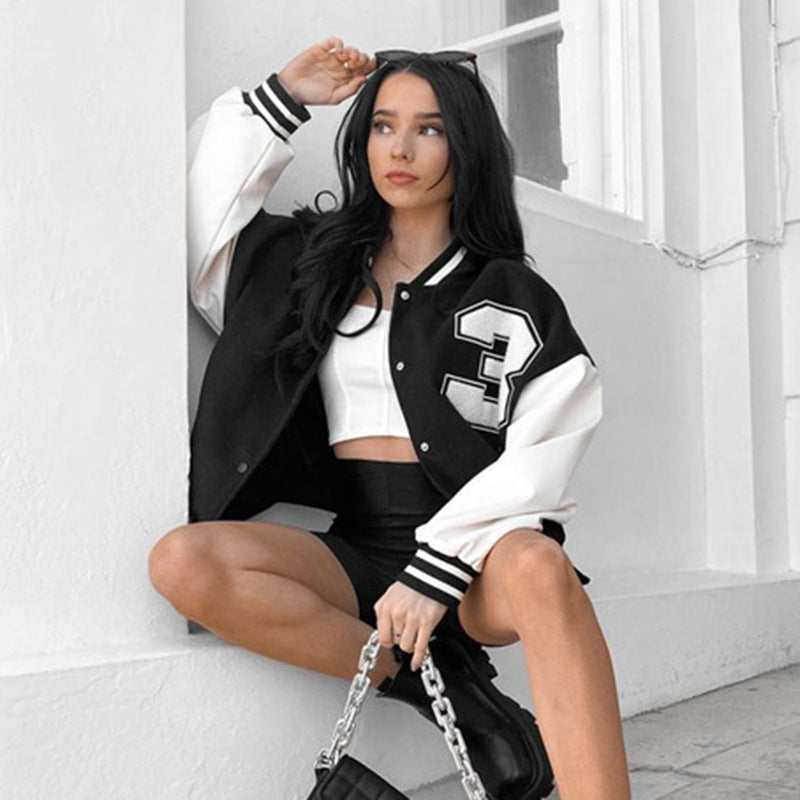 Women's Oversized Lettered Varsity Baseball Jacket Black White - Image 4