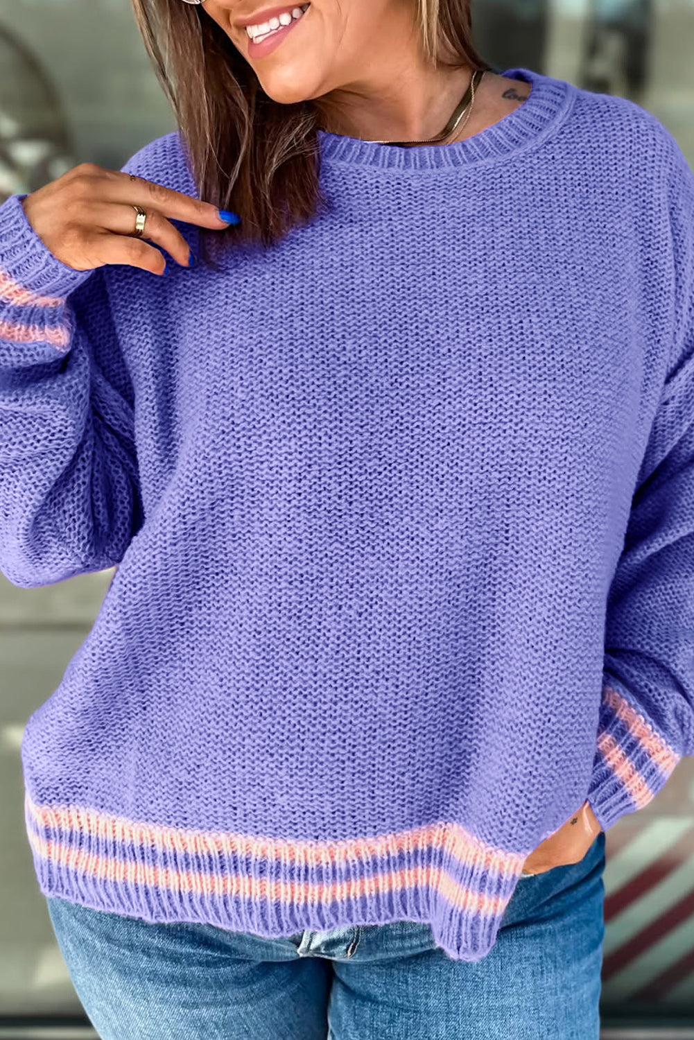 Wisteria Striped Trim Drop Shoulder Knit Loose Sweater - Image 7
