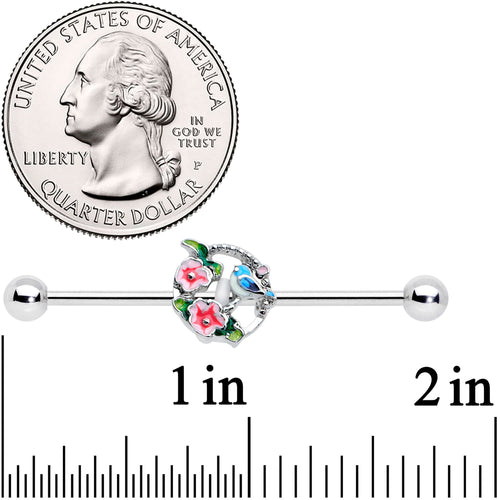 14G Little Blue Bird Pink Flowers Industrial Barbell 38mm