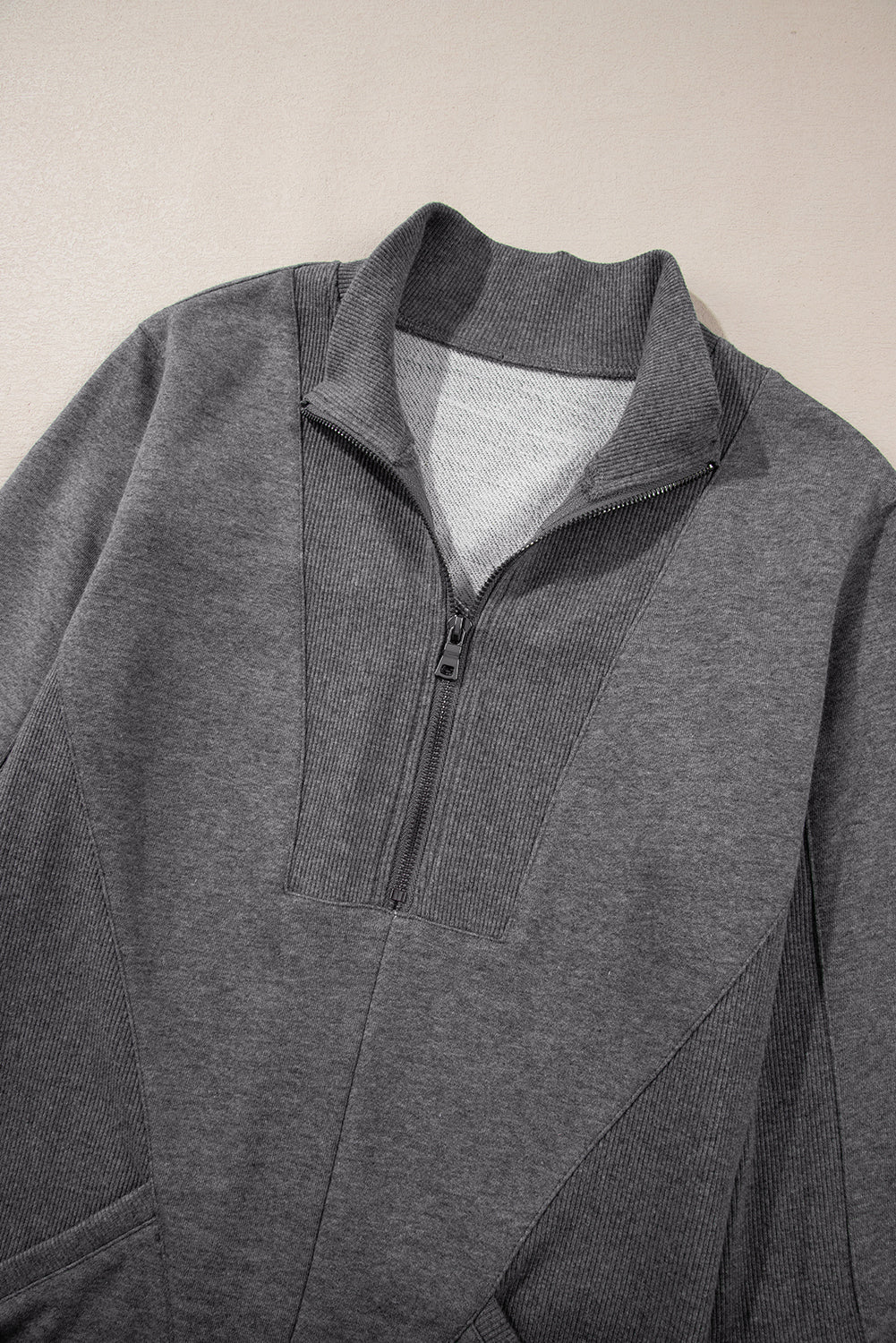 Solid Ribbed Patchwork Pocketed Sweatshirt Dress