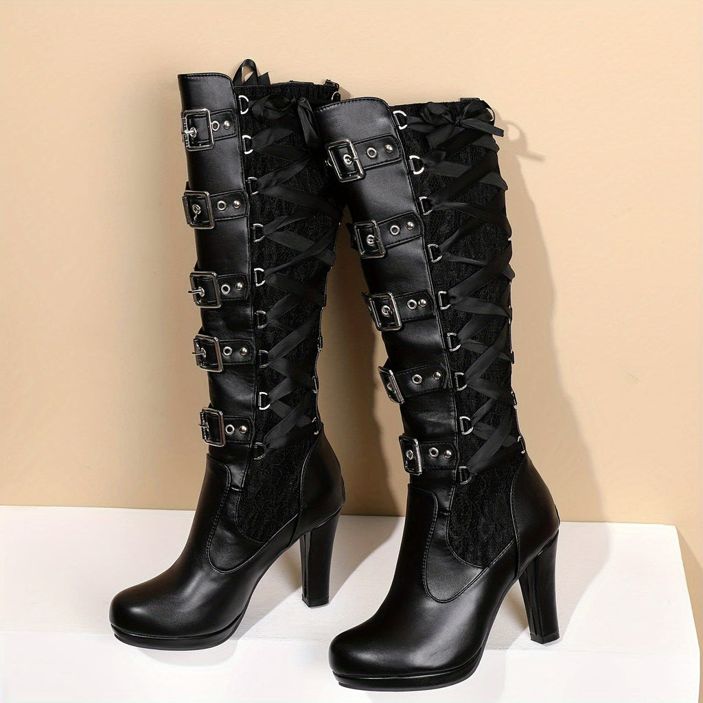 Platform Punk Tall Goth Buckled KneeHigh Boots