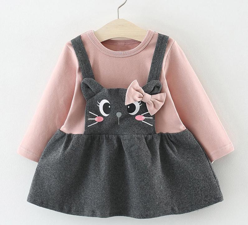 Baby girl's cat-themed princess dress with a matching bag, available in various colors.