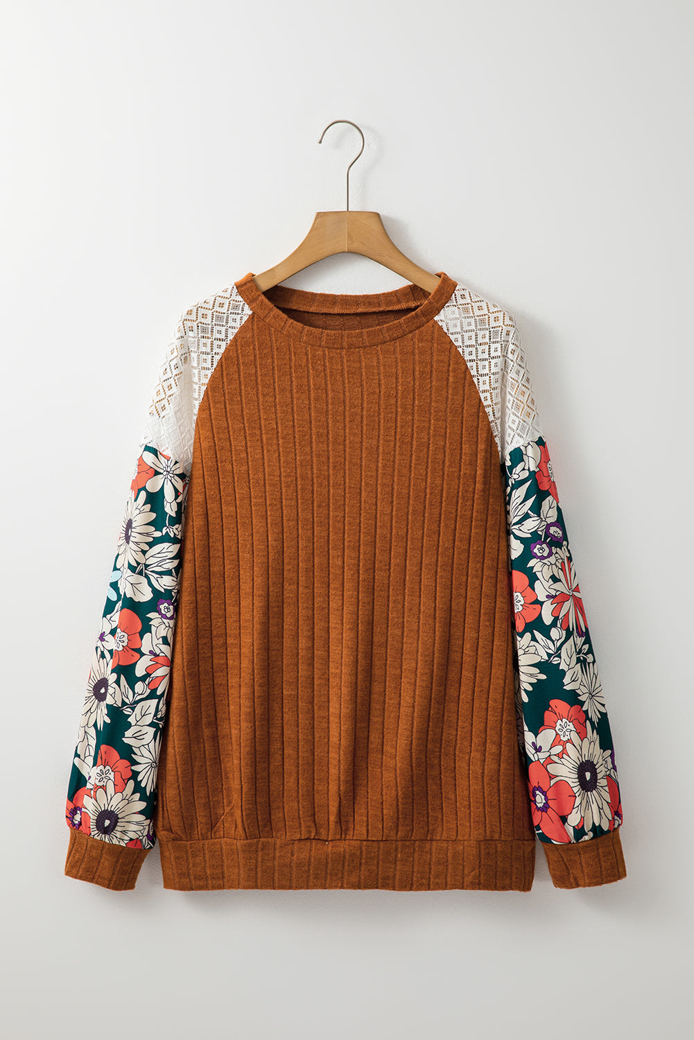 Floral Ribbed Patchwork Long Sleeve Blouse