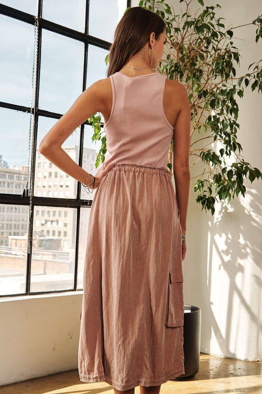 Pink Drawstring Sleeveless Washed Casual Mini Dress