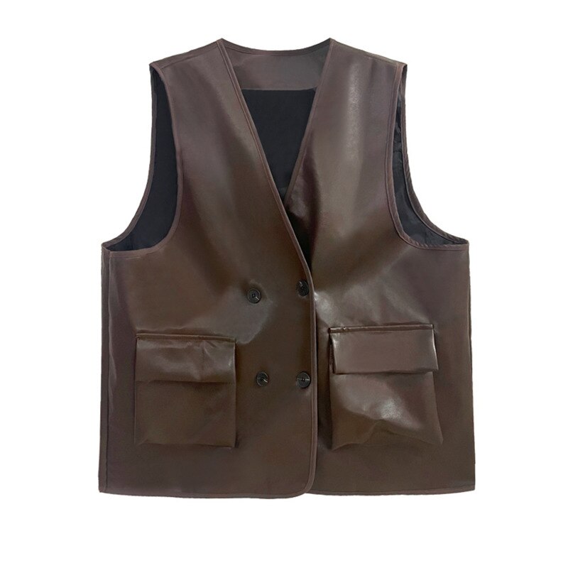 Women Coffee Color Leather Vest Oversized Loose Fit V-Collar - Image 8