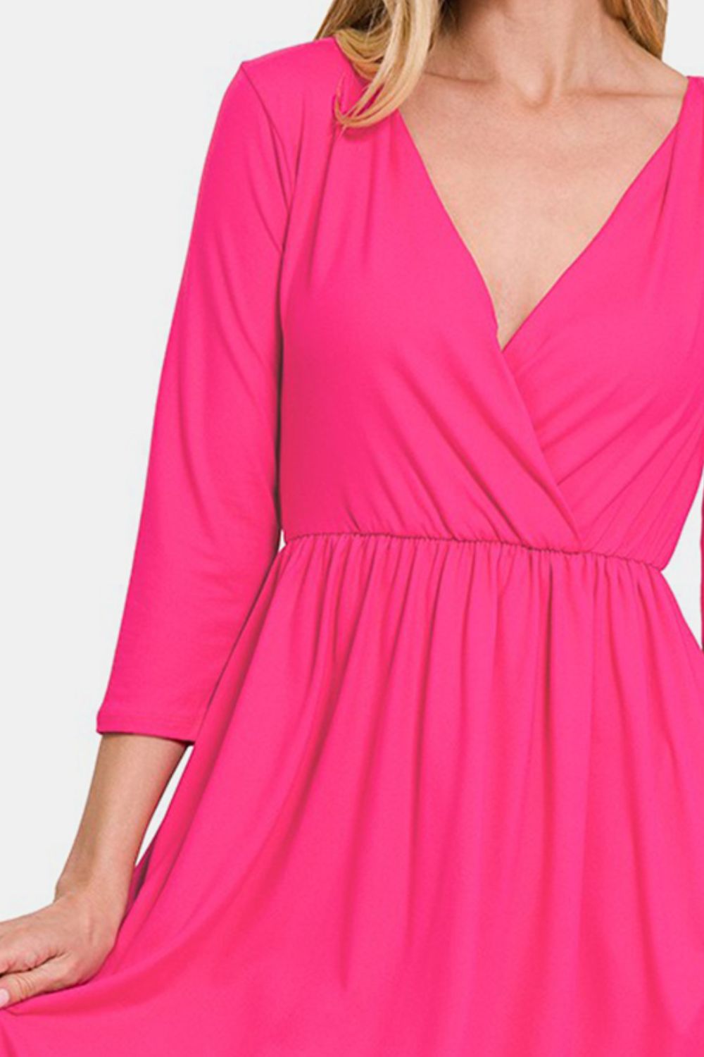 Three-Quarter Sleeve Surplice Mini Dress with Pockets