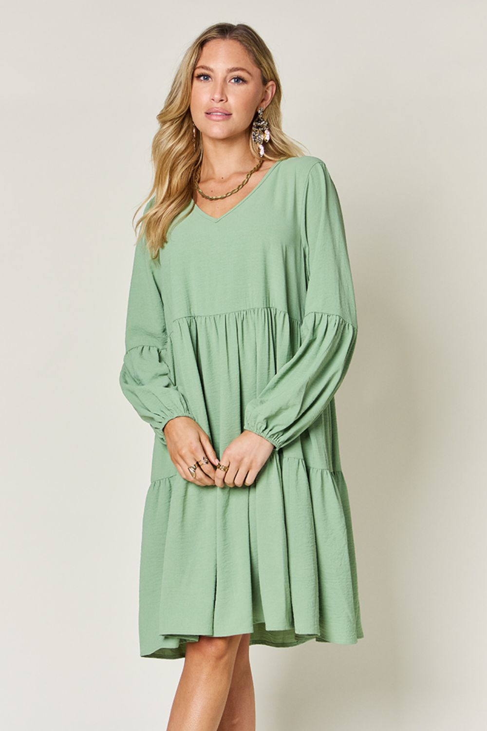 Light Green V-Neck Tiered Midi Dress with Side Pockets
