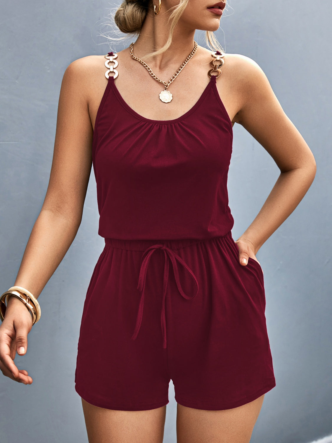 Scoop Neck Romper with Pockets - Comfortable Stretch