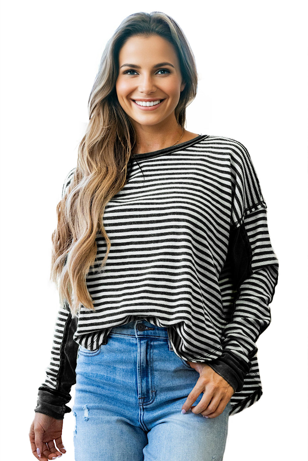 Khaki Stripe Thermal Knit Drop Shoulder Casual Top