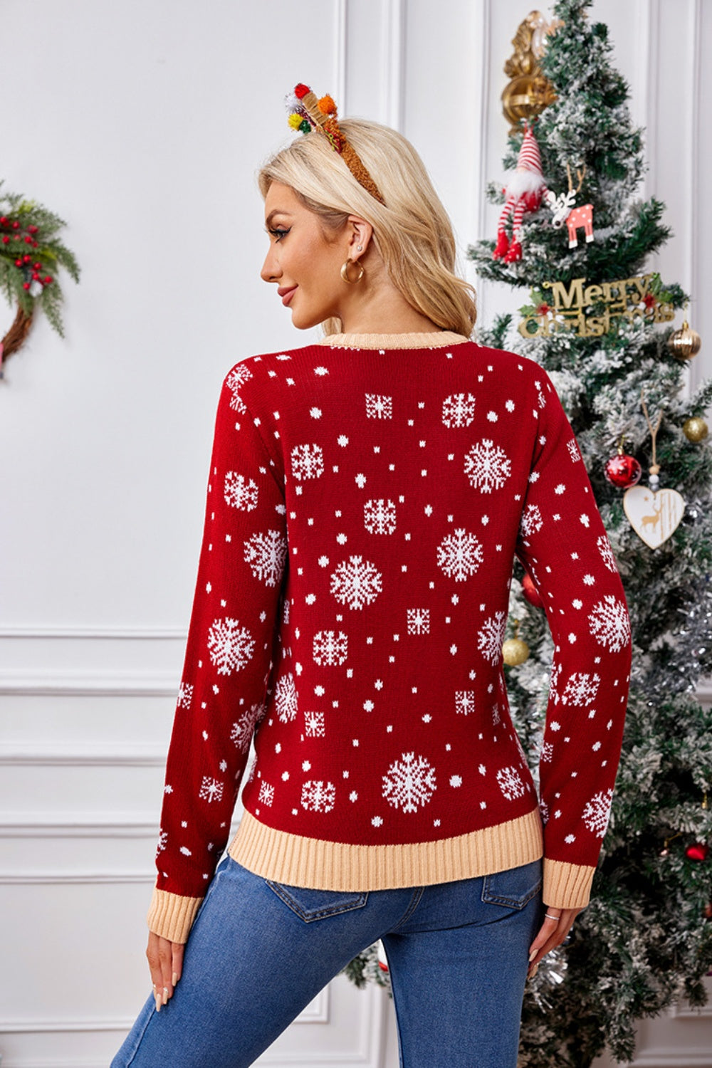 Women's Red Graphic Christmas Sweater Walking Around Snowmies - Image 5