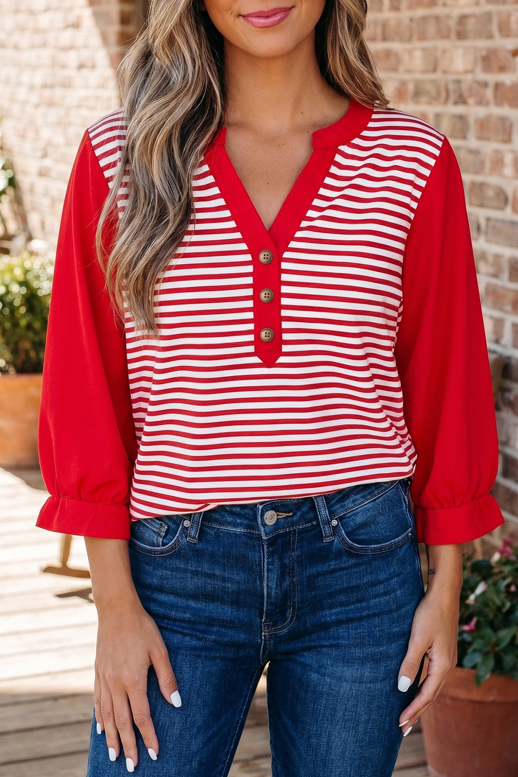 Wrenley red and white striped patchwork top with 3/4 sleeves and split neck