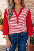 Wrenley red and white striped patchwork top with 3/4 sleeves and split neck