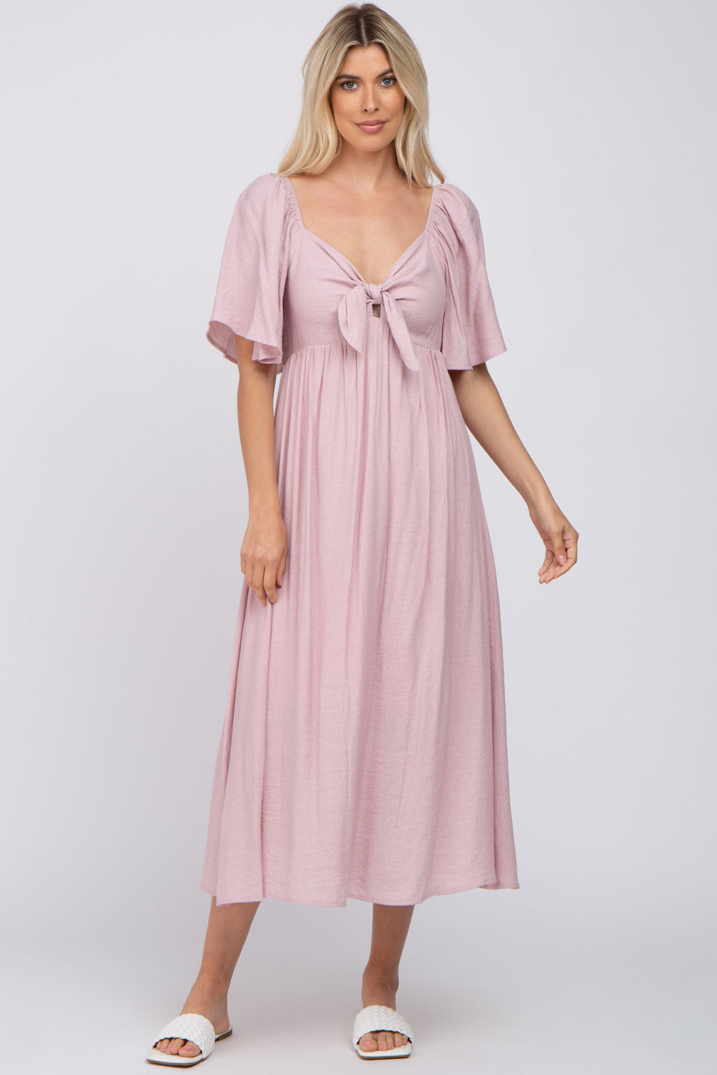 Light Pink Front Tie Ruffle Sleeve Maternity Midi Dress