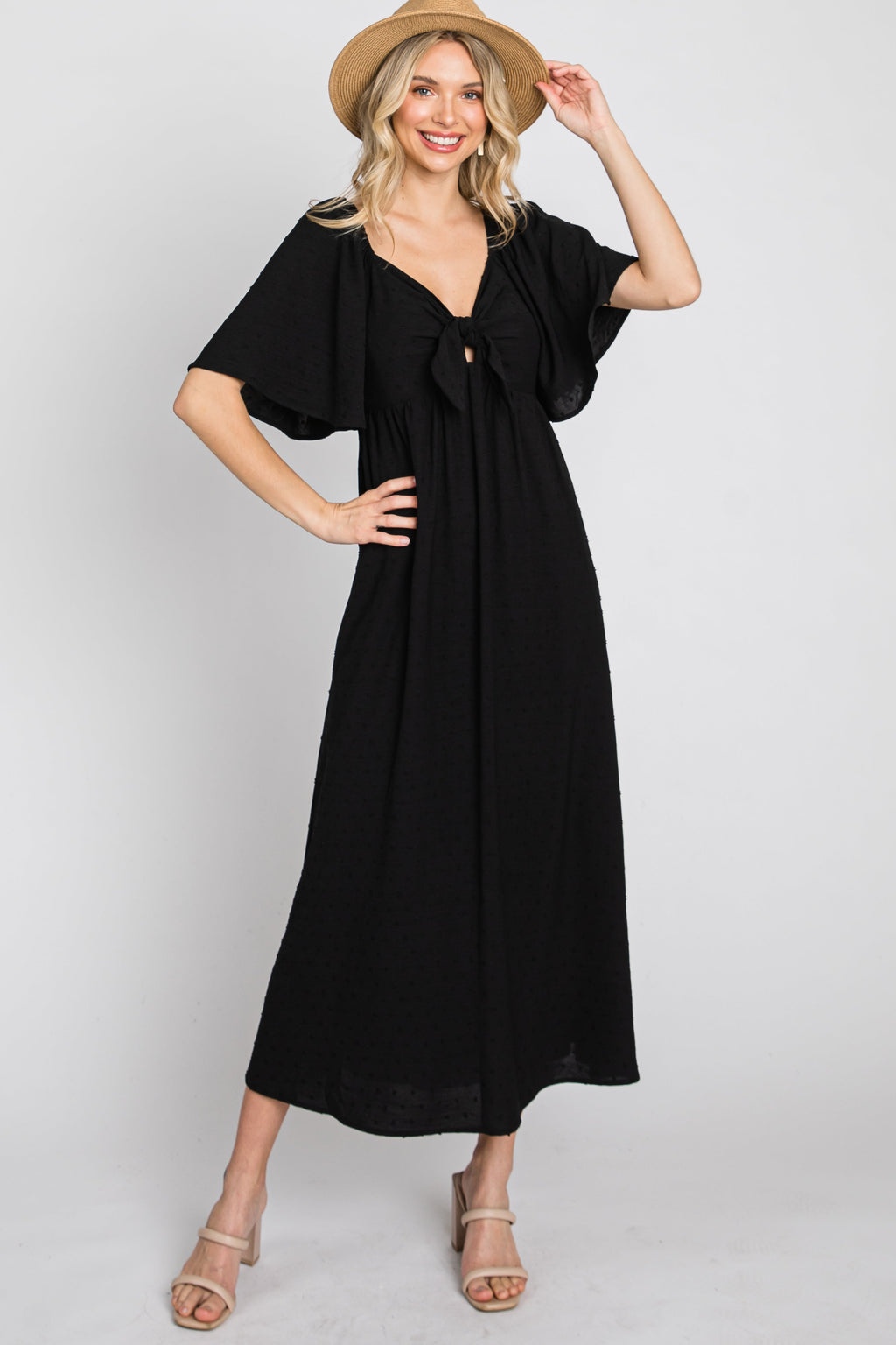 Black Textured Dot Front Tie Ruffle Sleeve Maternity Midi Dress