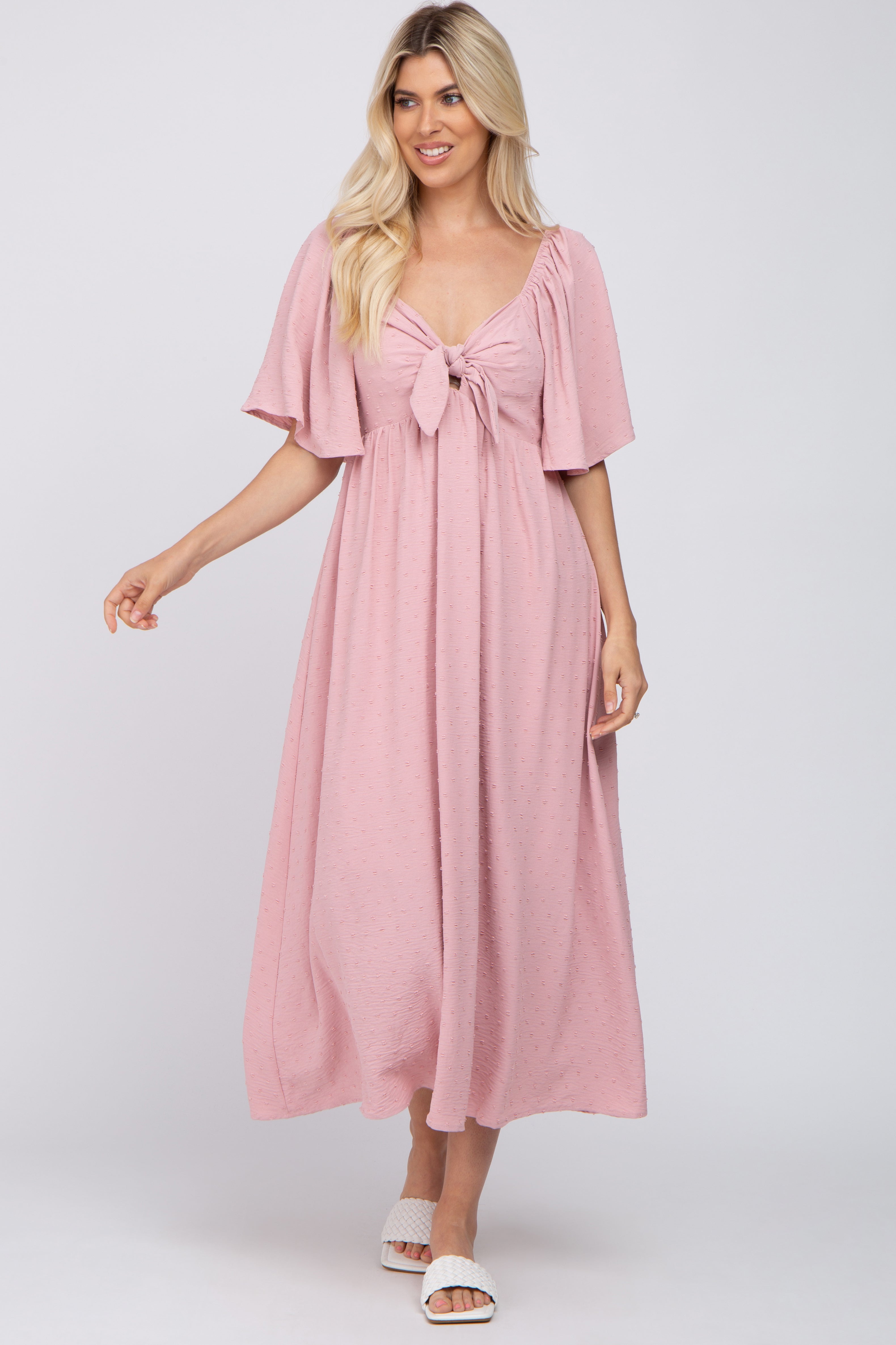 Mauve Textured Dot Front Tie Ruffle Sleeve Midi Dress