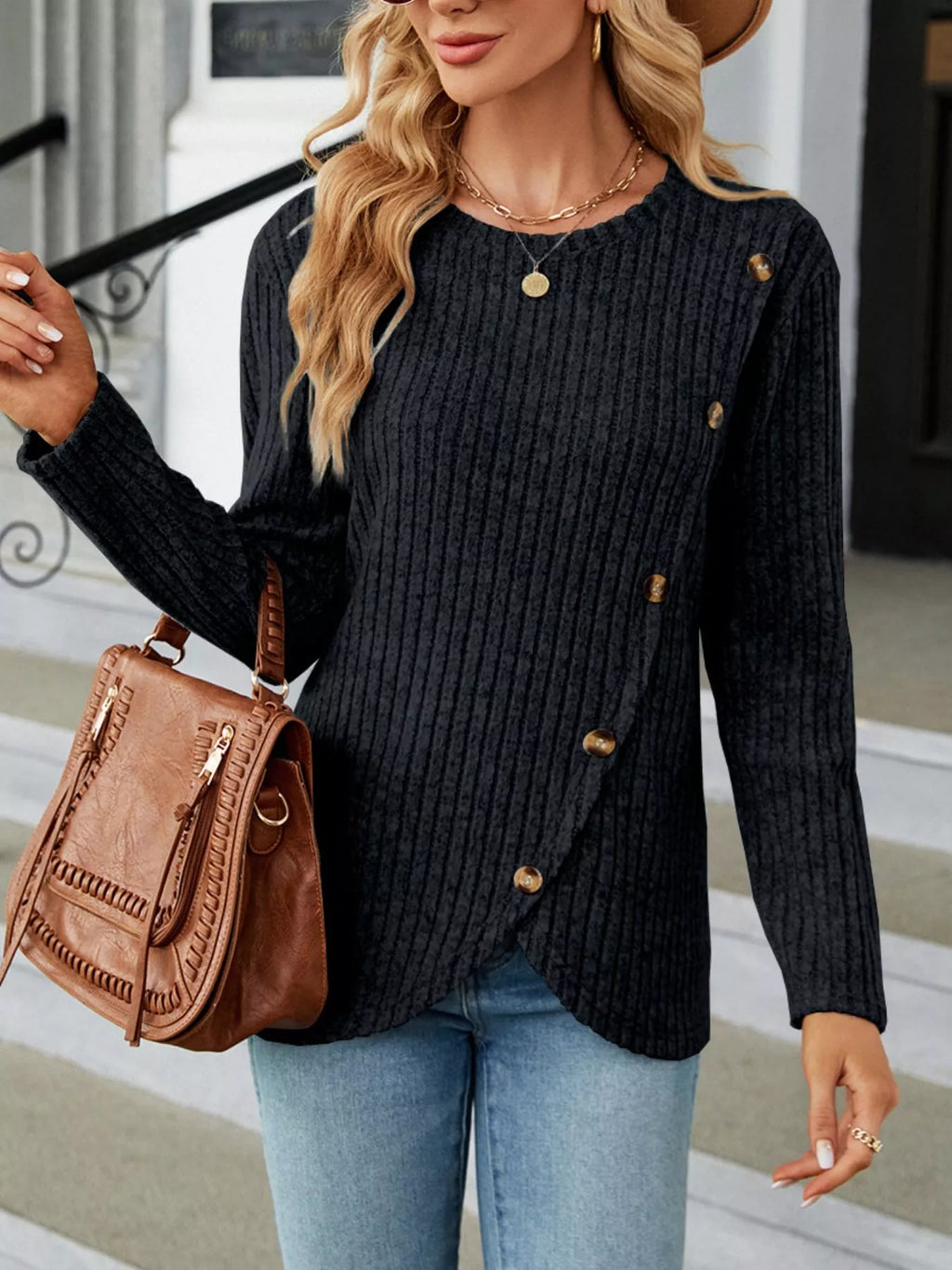 Blue Ribbed Knit Long Sleeve Top with Decorative Button Detail - Image 16