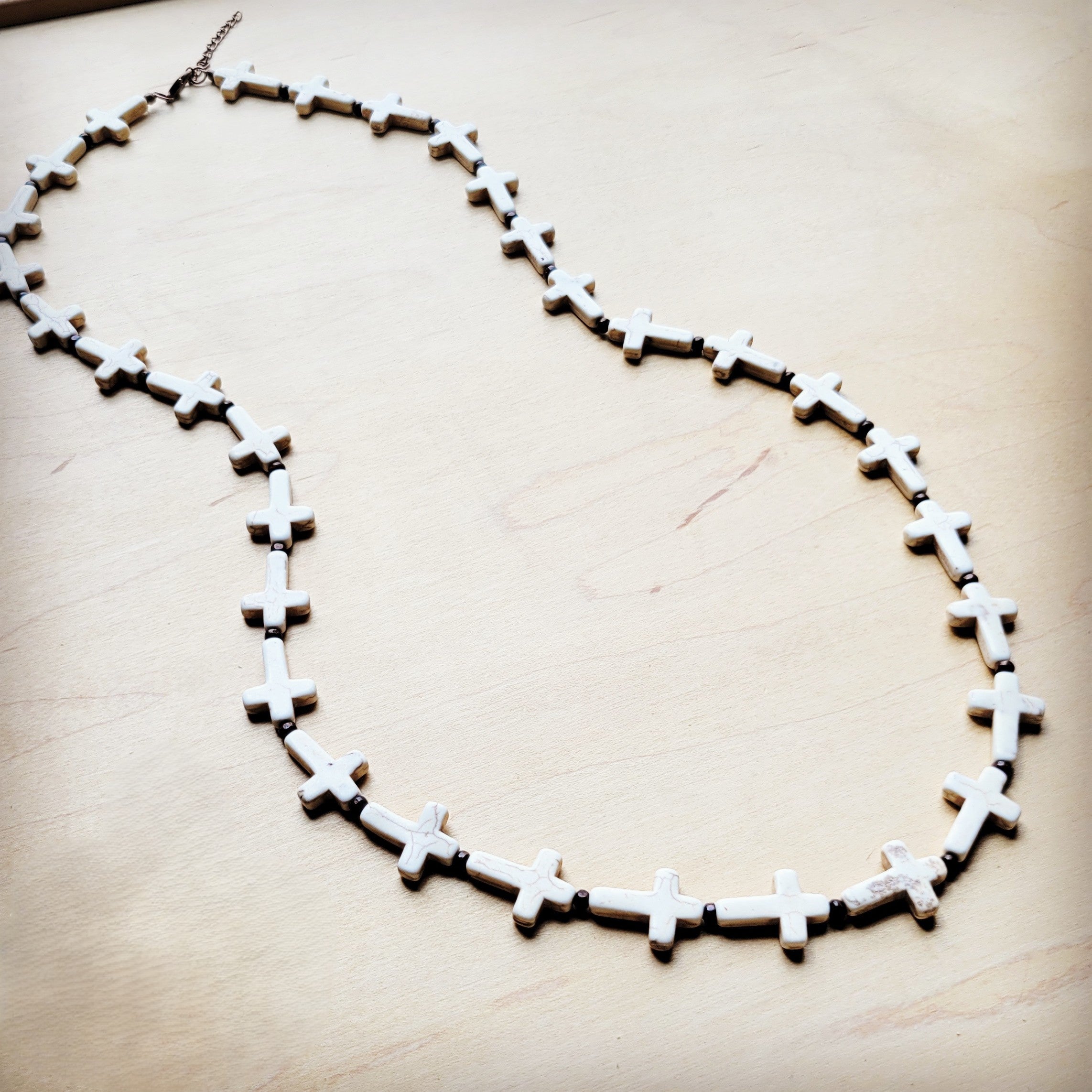 White Turquoise & Wood Beaded Cross Necklace