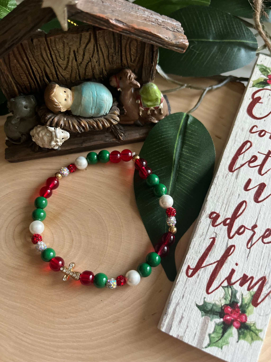 Bead Bracelet Jeweled Christmas Gold Cross