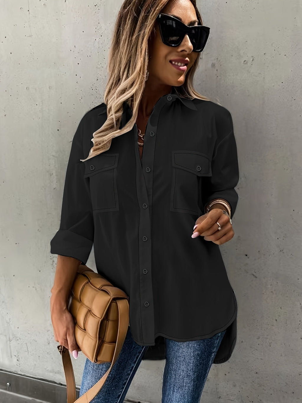 Women's Long Sleeve Button Down Shirt with Pocket Detail - Image 4