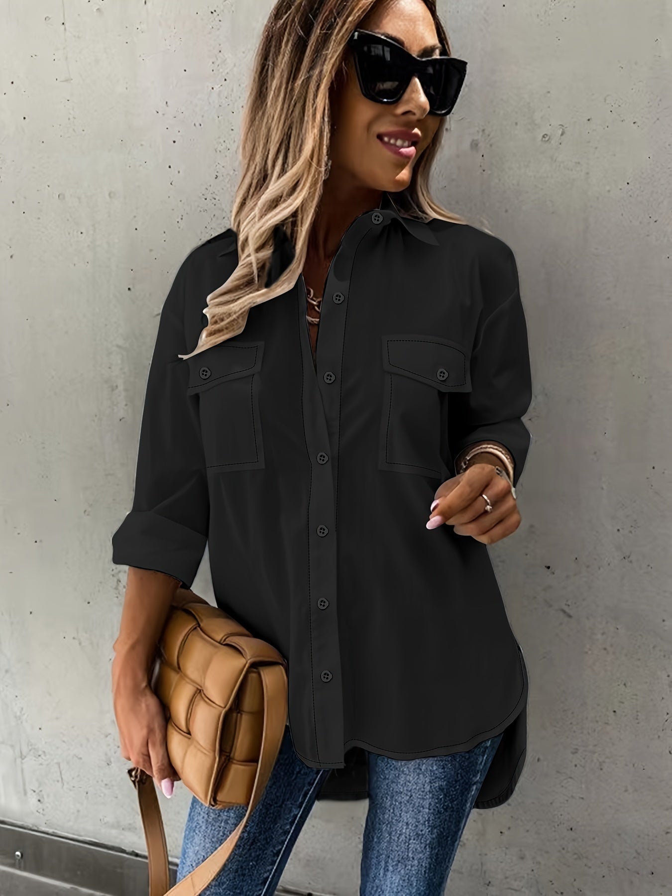 Women's Long Sleeve Button Down Shirt with Pocket Detail - Image 4