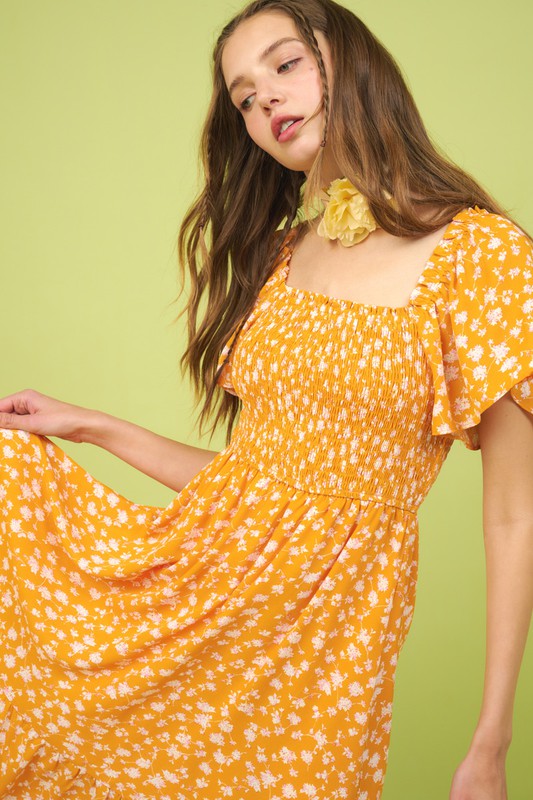 Flower Print Flutter Sleeve Smocked Midi Dress