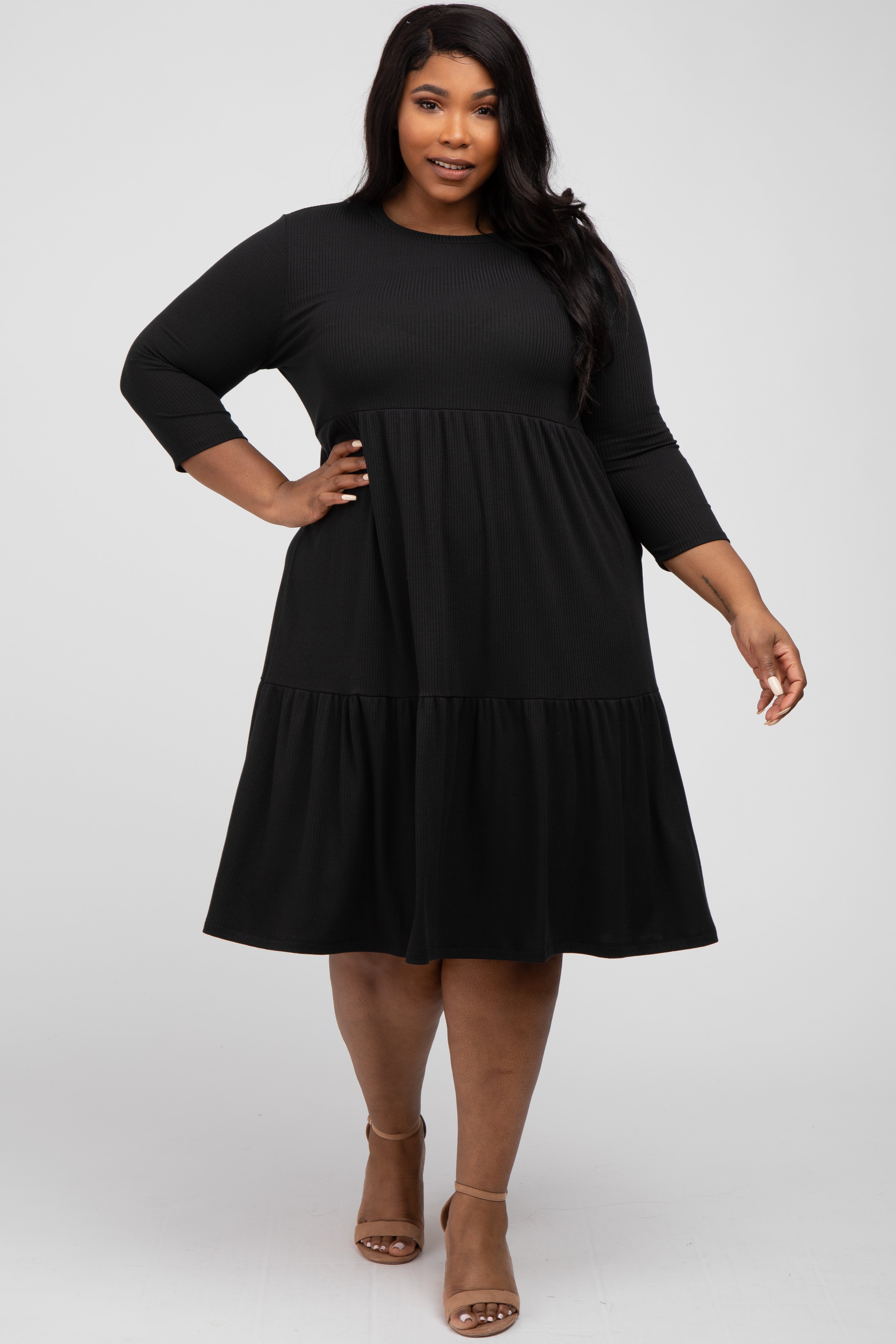 Black Tiered Ribbed 3/4 Sleeve Plus Maternity Midi Dress