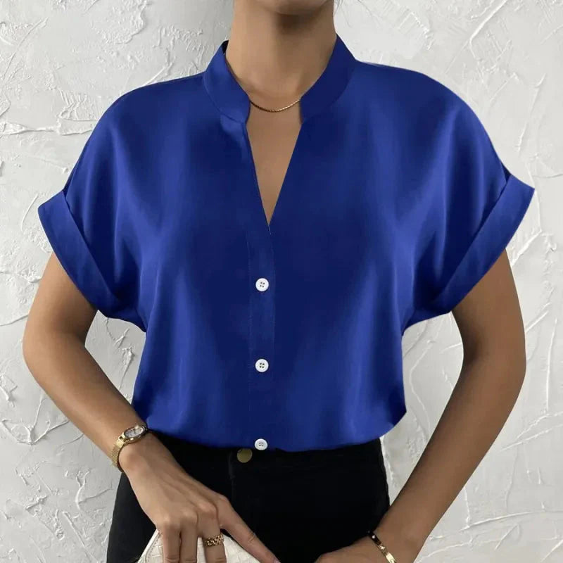 Women's Satin V-Neck Short Sleeve Blouse Elegant Casual Shirt - Image 9