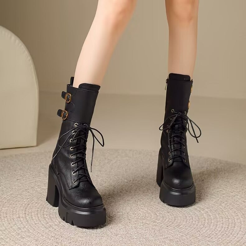Women's Chunky Platform Combat Boots with Lace-Up & Buckles - Image 6