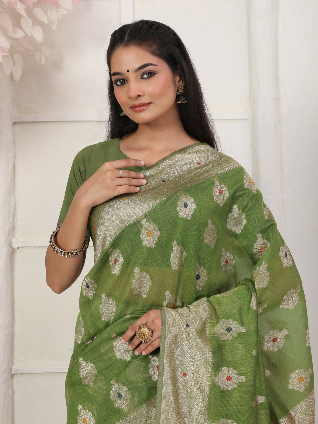 Green Linen Cotton Saree with Matching Blouse