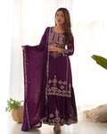 Wine Chinnon Silk kurta sharara set with sequence, Jari work, and fancy embroidery