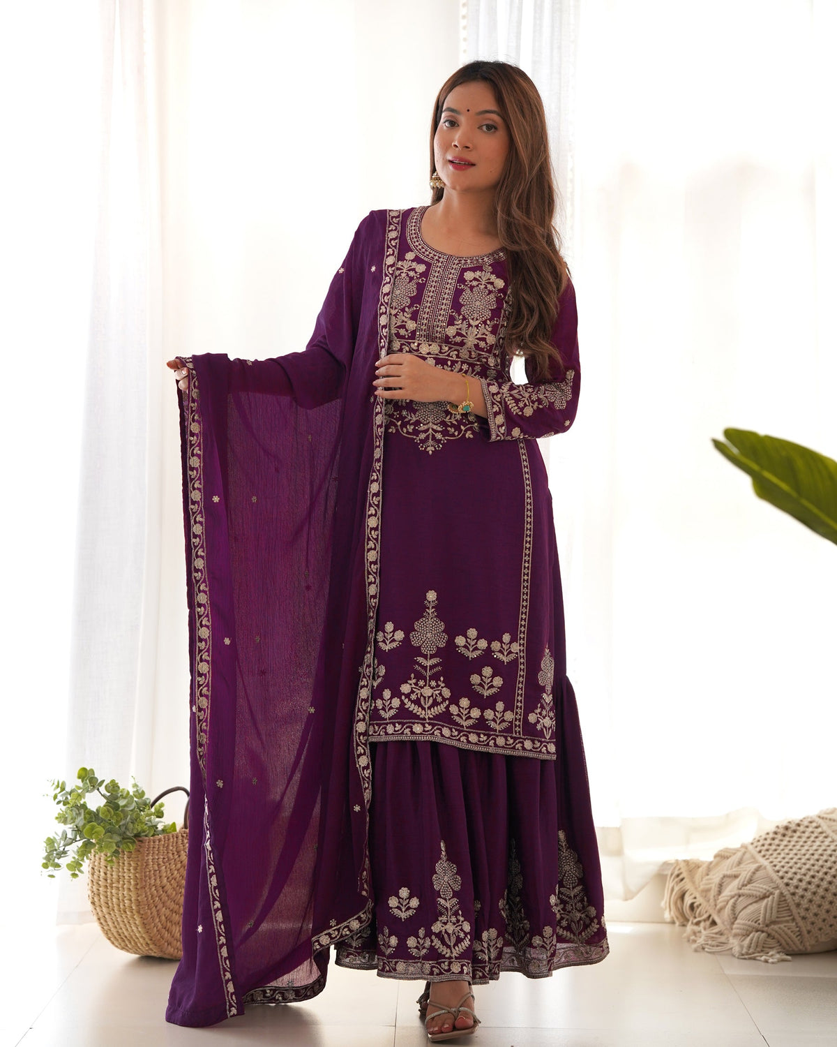 Wine Chinnon Silk kurta sharara set with sequence, Jari work, and fancy embroidery