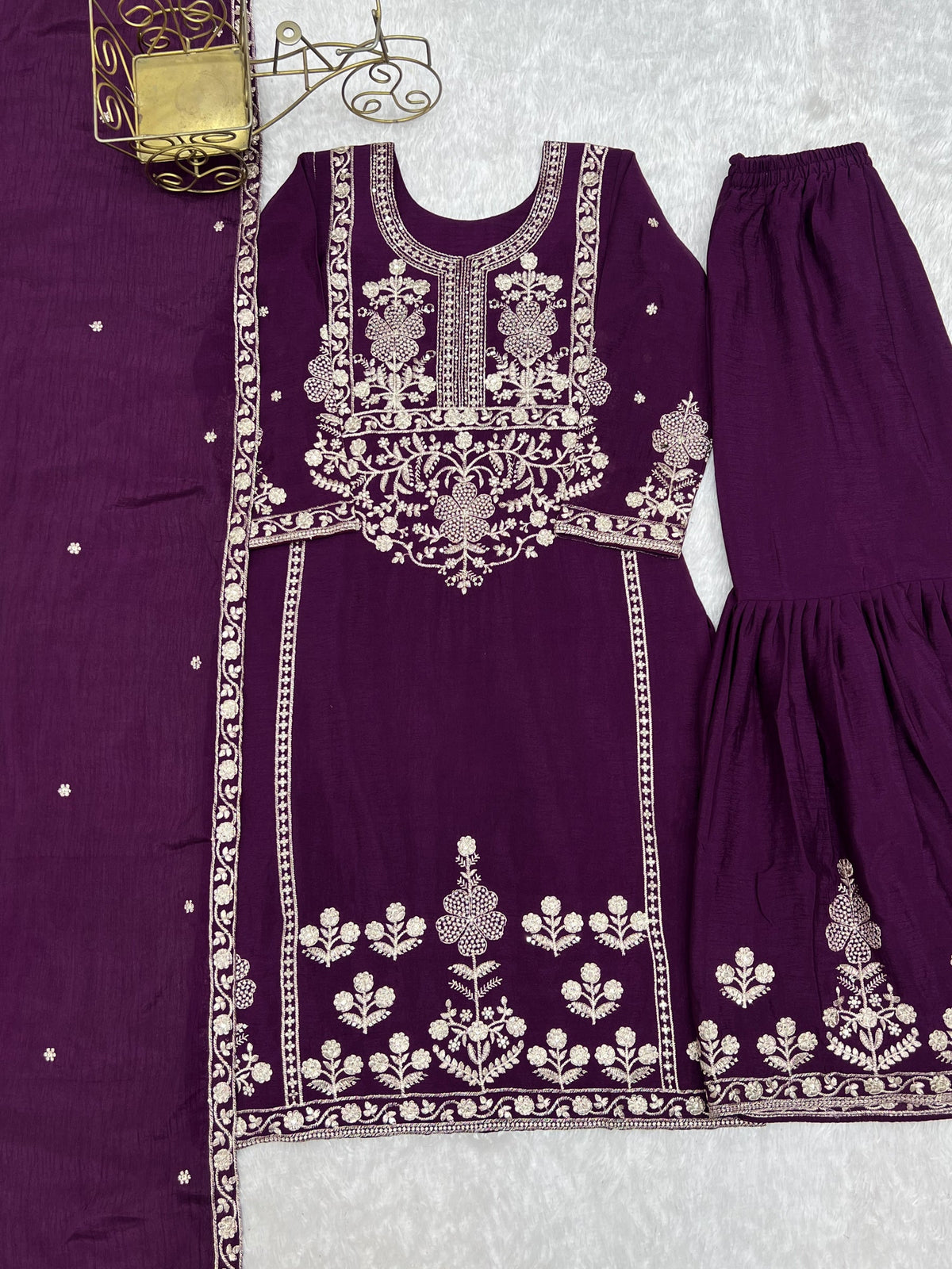 Wine Chinnon Silk Kurta Sharara Set with Jari and Sequence