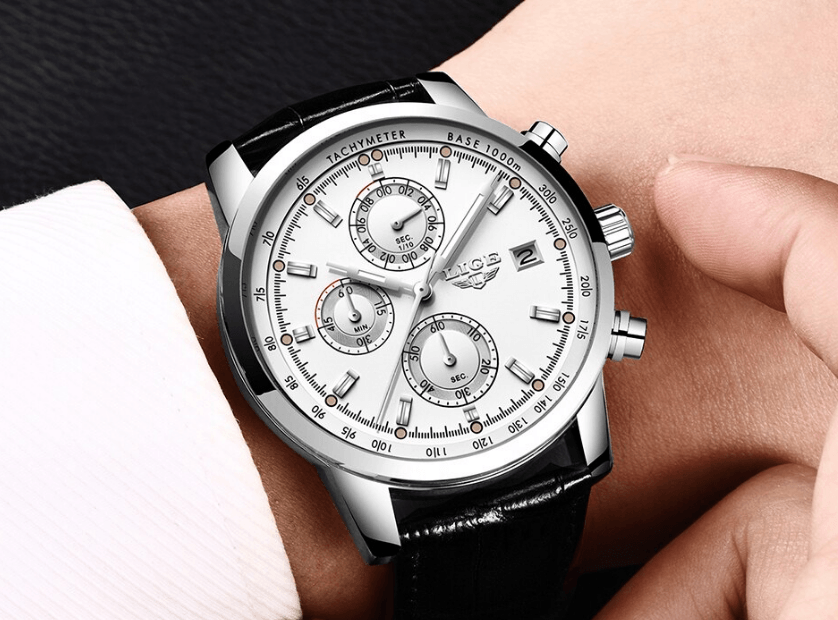 Waterproof Men's Quartz Watch with Chronometers and Brown Strap