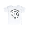Jesus Loves You Smiley graphic baby tee for kids, available in white, black, grey, and cream.