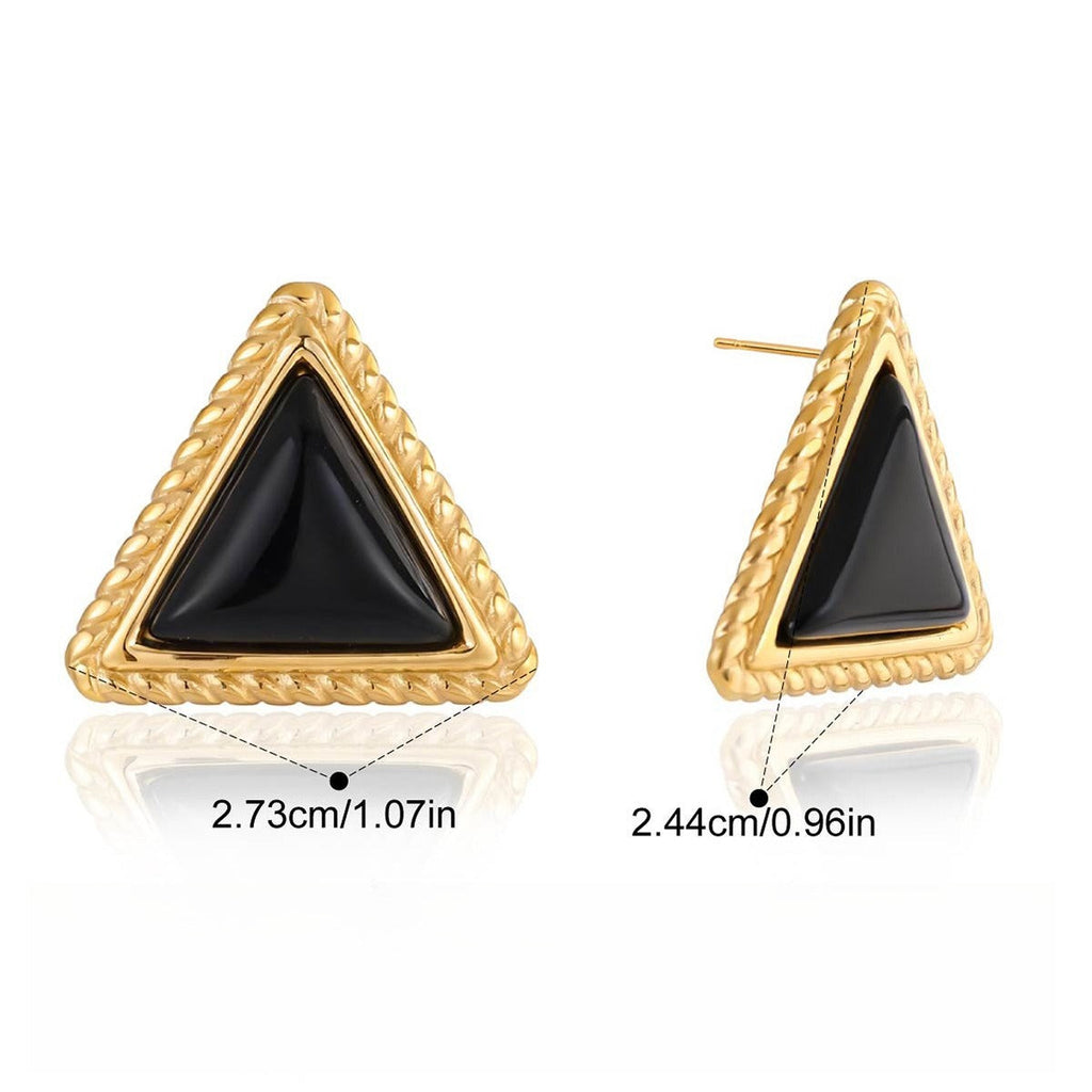 18K Gold Triangle Black Onyx Stud Earrings Geometric Design