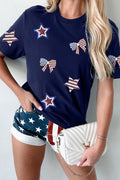 Blue Sequin USA Flag Bow Star Graphic Crewneck T-Shirt
