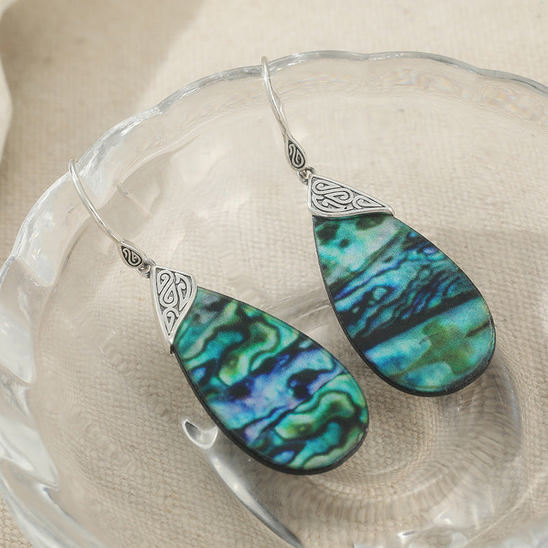 Vintage Iridescent Shell Teardrop Earrings Silver Tone Brass Women Boho Vacation Statement Fashion Jewelry Elegant