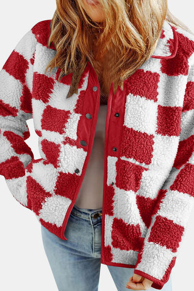 Women’s Checkered Snap Down Teddy Jacket in White and Brown