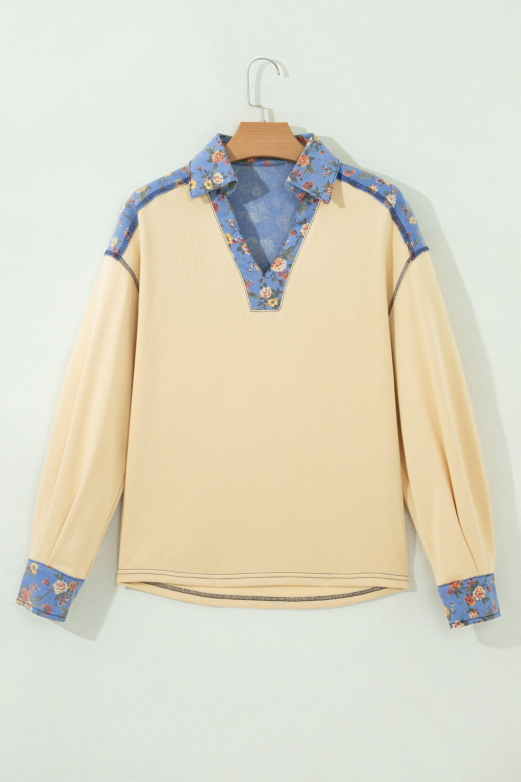 Floral Denim Patchwork Collared V-Neck Long Sleeve Top