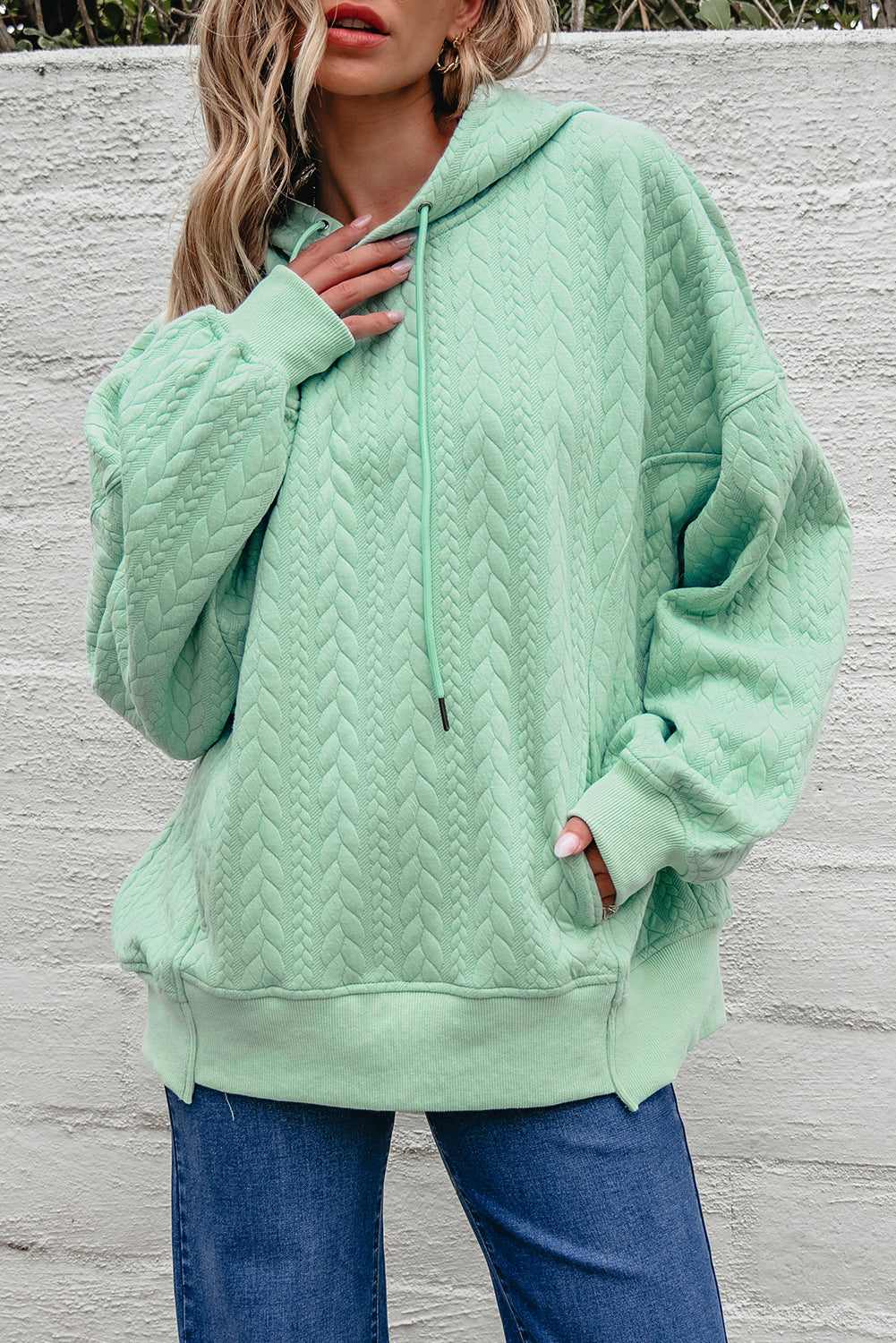 Moonlight Jade Cable Textured Baggy Hoodie