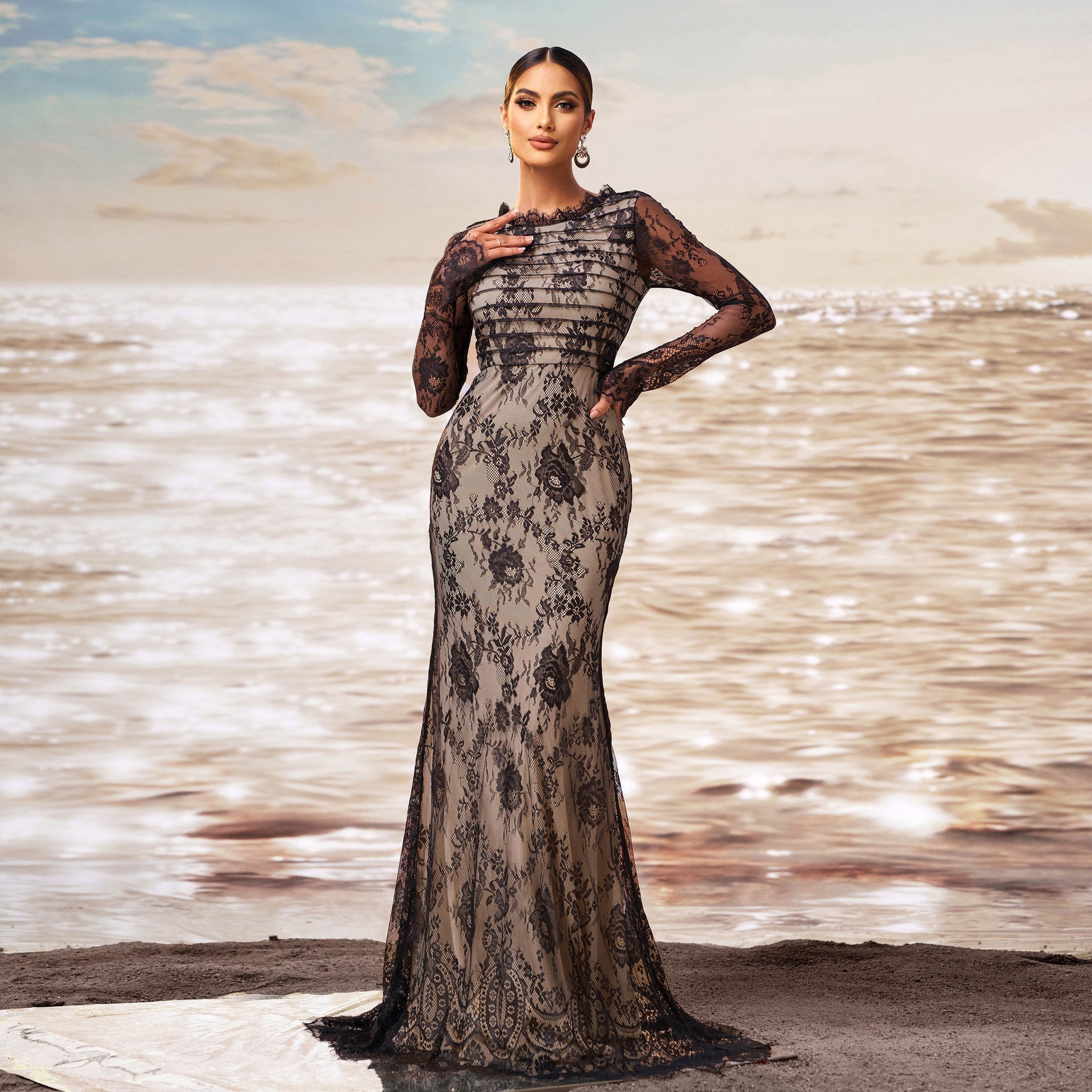 Black Long Sleeve Gauze Fishtail Evening Dress with Sequin Detail