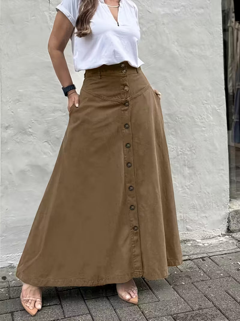 Women's High-Waist A-Line Maxi Skirt in Neutral Earth Tones