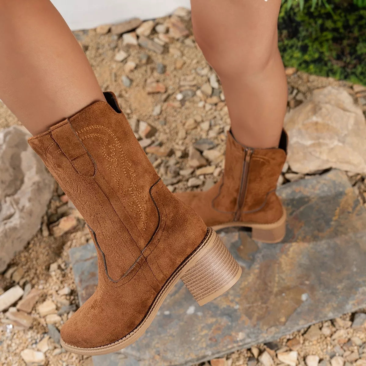 Suede Block Heel Western Boots