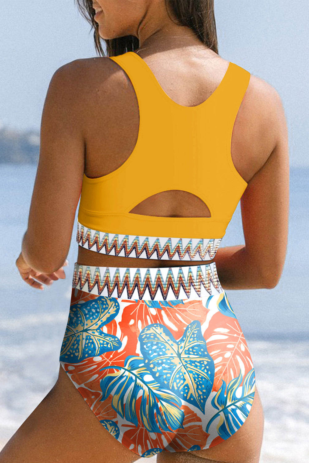 Yellow Contrast Trim High Waist Two Piece Bikini Swimsuit - Image 2