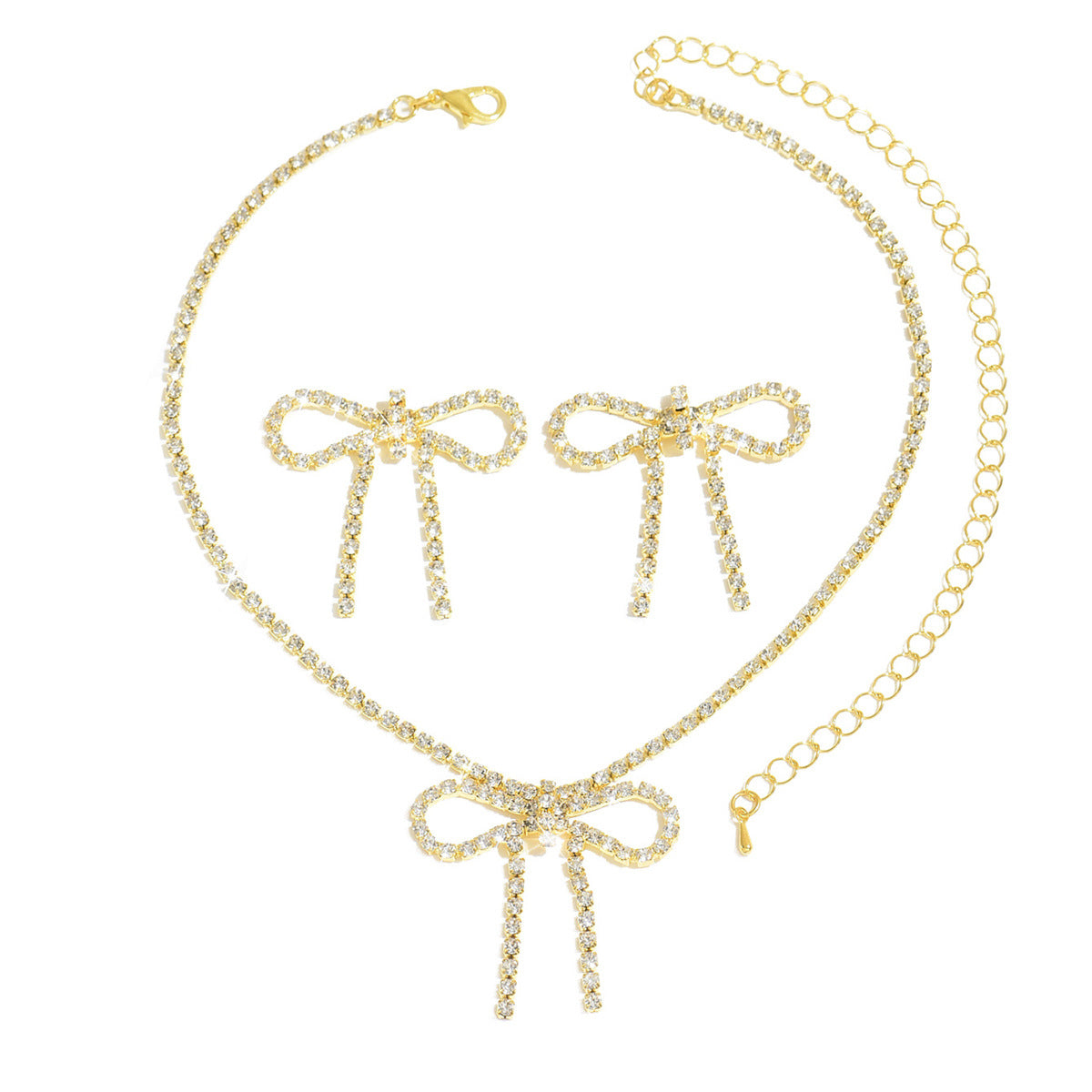 Versatile Bridal Jewelry Claw Chain Full Diamond Bowknot Necklace Earrings Accessories Women's Trendy Banquet Cross-Border Supply