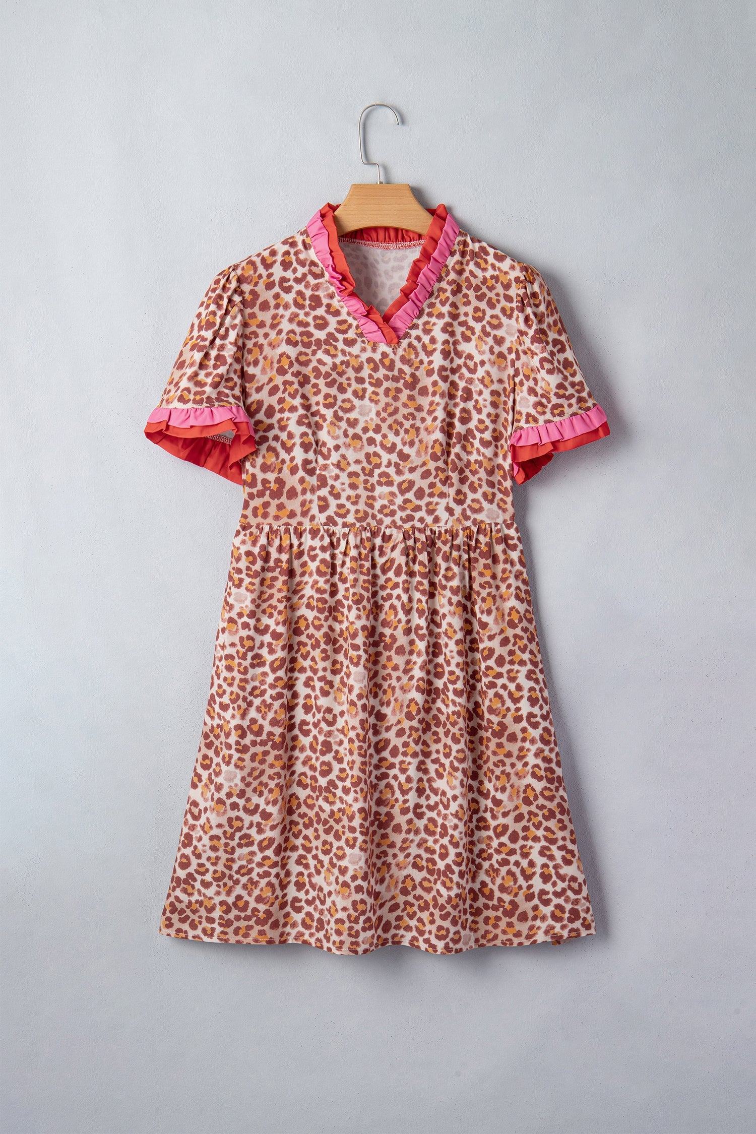 Leopard Print Colorblock Ruffle Short Sleeve Mini Dress - Image 2
